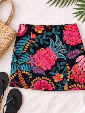 Farm Rio Quilted Mini Skirt Tropical Palm Print A-Line Size Small